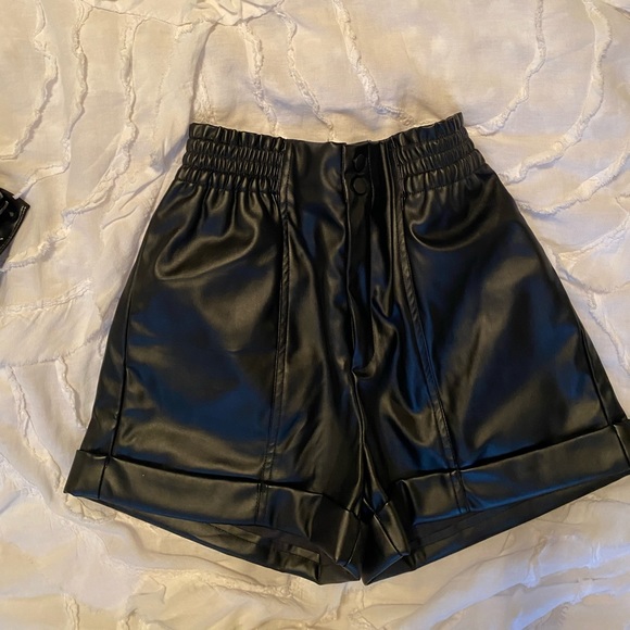 Black faux, leather paper bag shorts - Picture 1 of 3